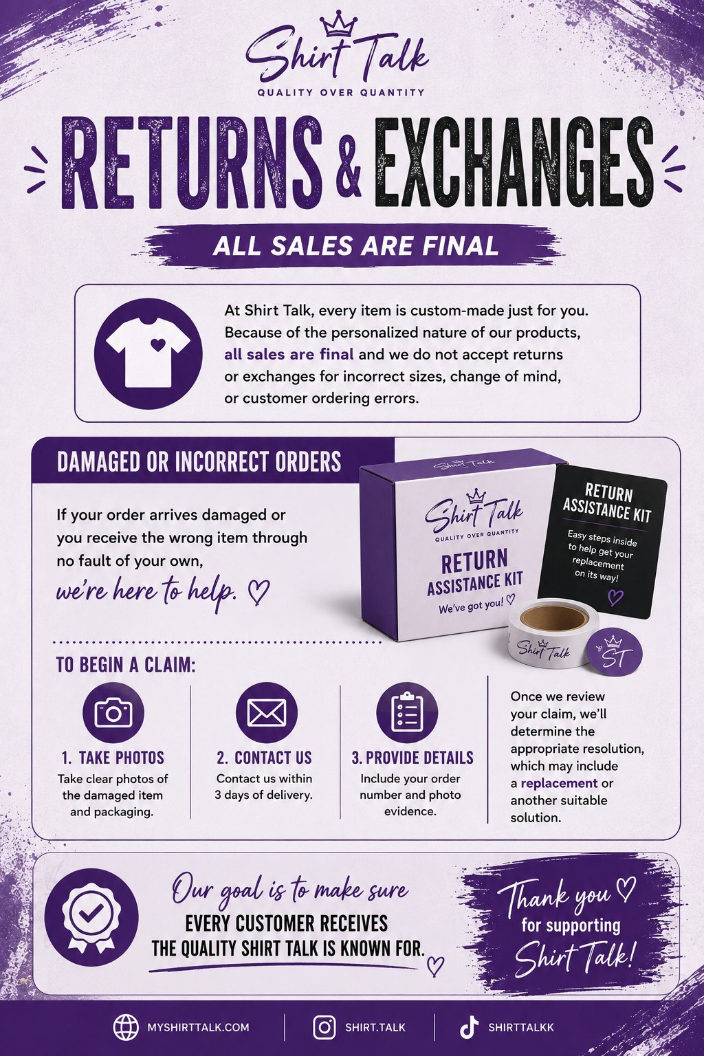 Shirt Talk returns and exchanges policy