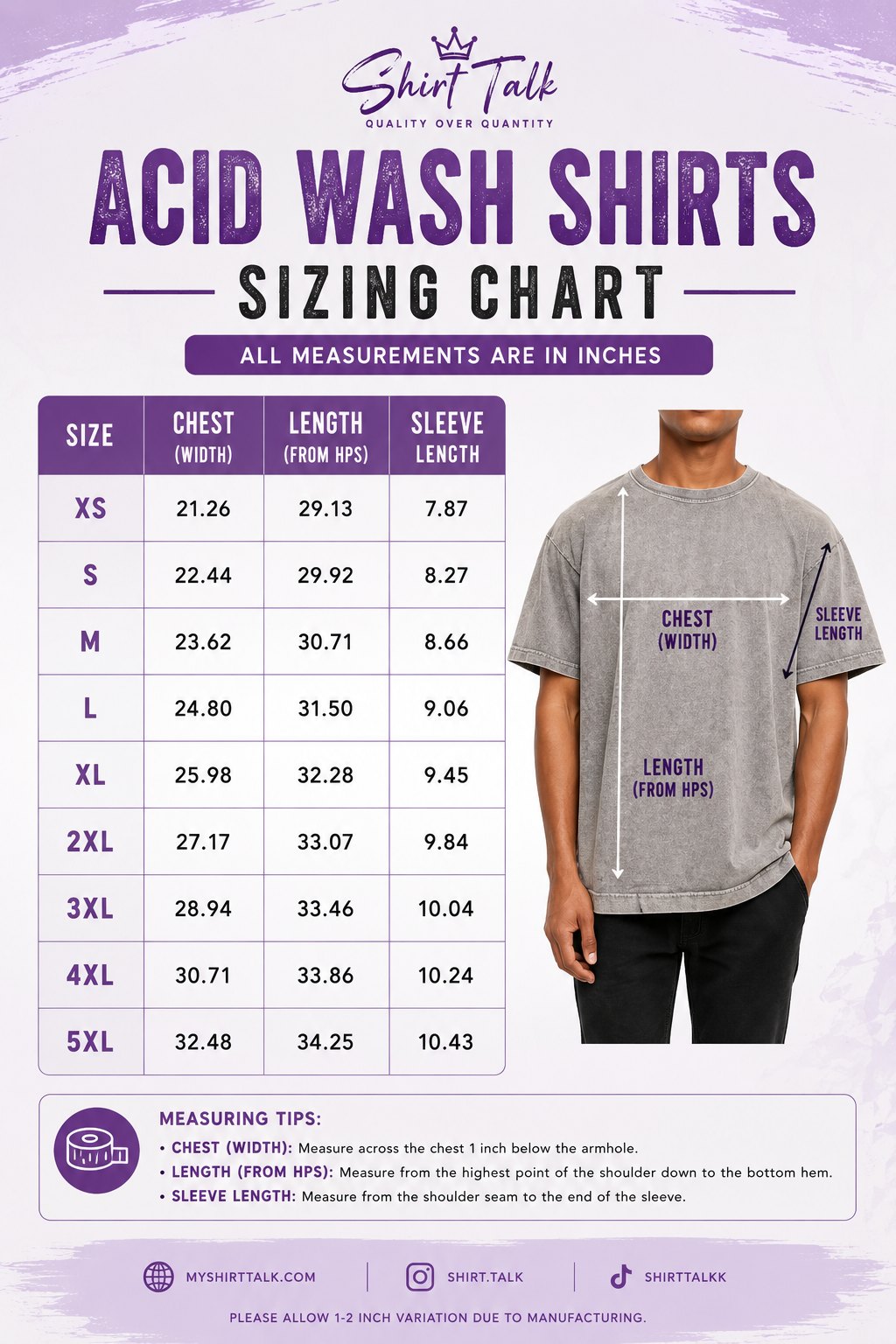 Shirt Talk acid wash shirts sizing chart